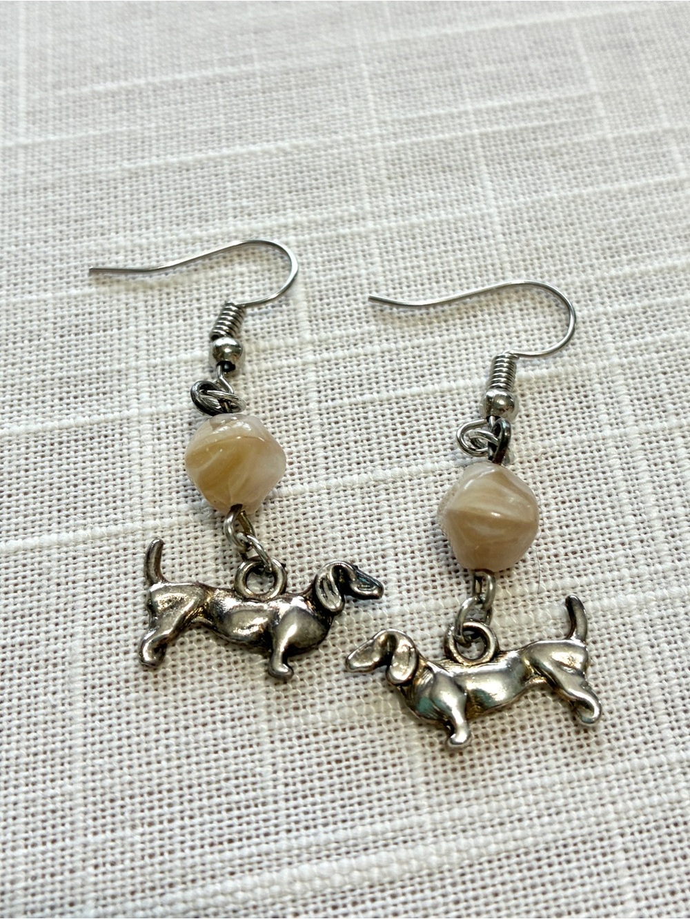 Silver Dachshund Drop Earrings with Beige Beads - Pets Dog Jewelry